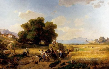 フランツ・リヒャルト・ウンターバーガー Painting - 収穫最後の日の風景 フランツ・リヒャルト・ウンターベルガー